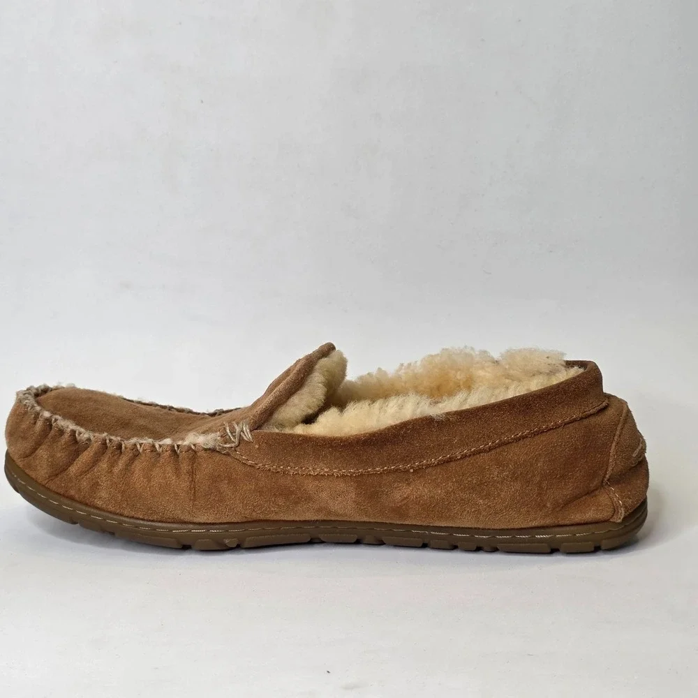 L.L.Bean Men's Slippers Size 11 Medium Brown Suede Sherpa Lined Sheepskin Shoes